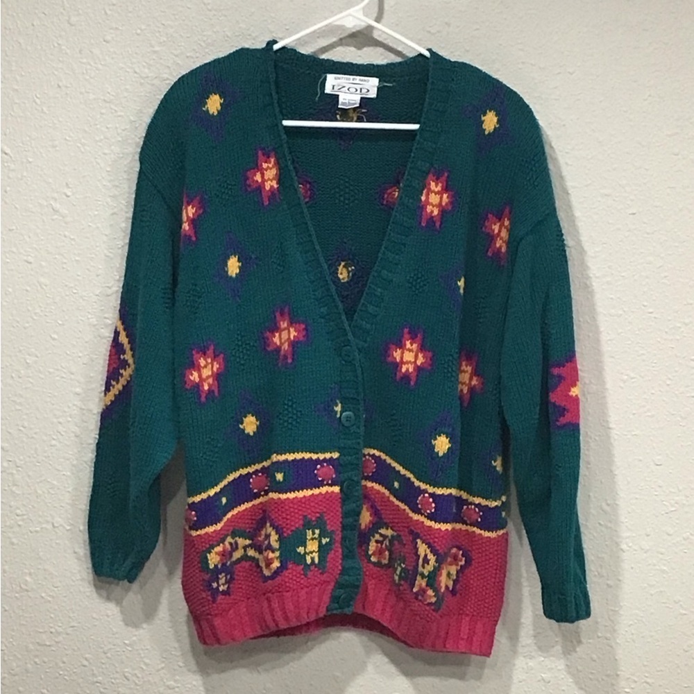 Vtg Izod Hand-Knitted Chunky Cardigan Sweater Women’s L Aztec Pattern Knitwear‎